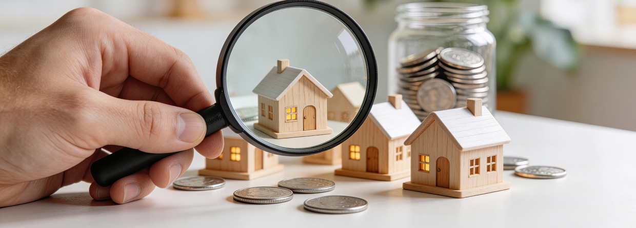 Hand met vergrootglas bekijkt houten huisjes met stapels muntgeld ervoor