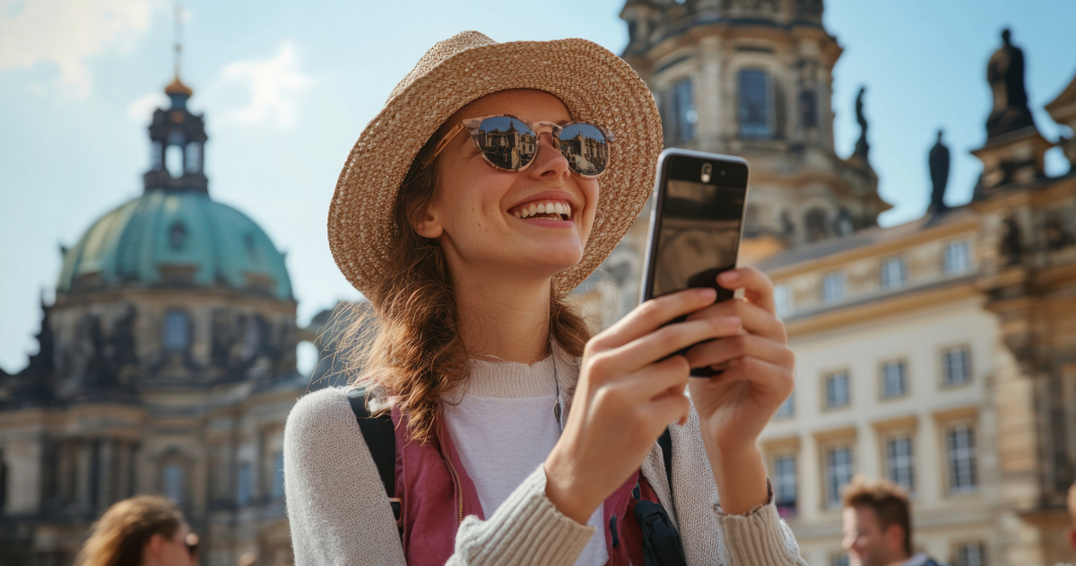 Vrouwelijke toerist legt herinneringen vast met mobiele telefoon