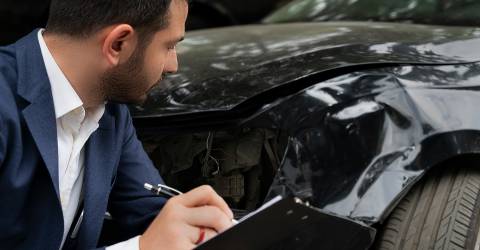 Man neemt schade auto op